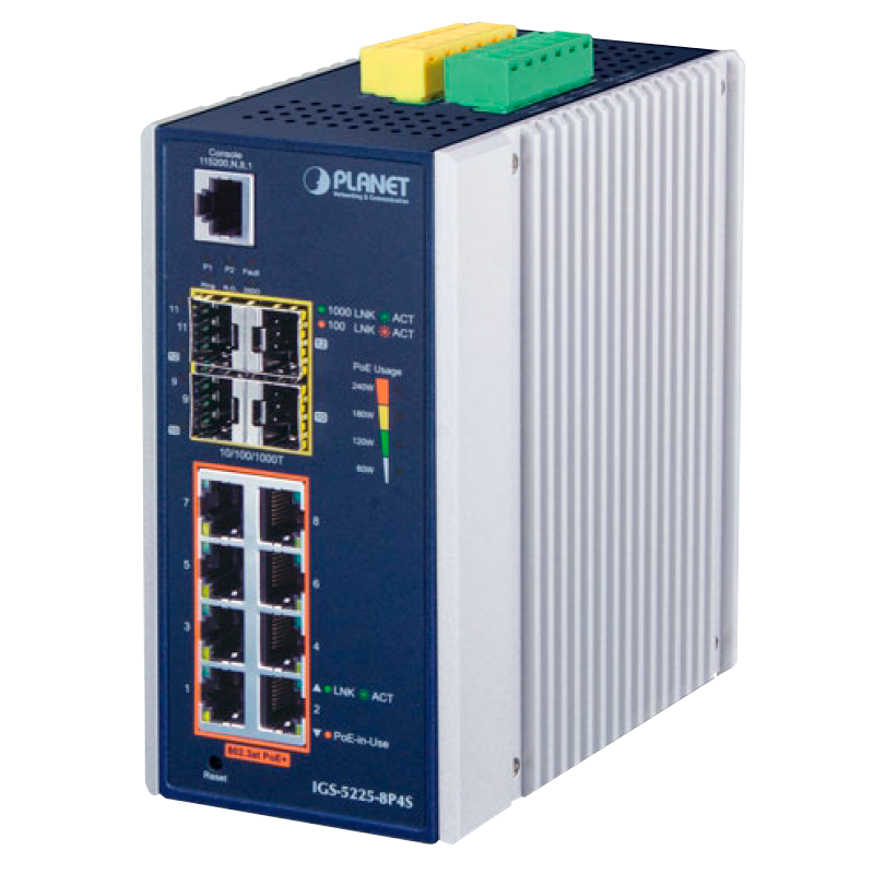 Switch Ethernet Industrial Gestionable PLANET™ de 8 Puertos 802.3at PoE+ (+4 SFP) - Capa 2+ - Carril DIN (240W)//PLANET™ Industrial 8-Port 10/100/1000T 802.3at PoE + 4-Port 100/1000X SFP Managed Ethernet Switch (Din Rail) - L2+ (240W)