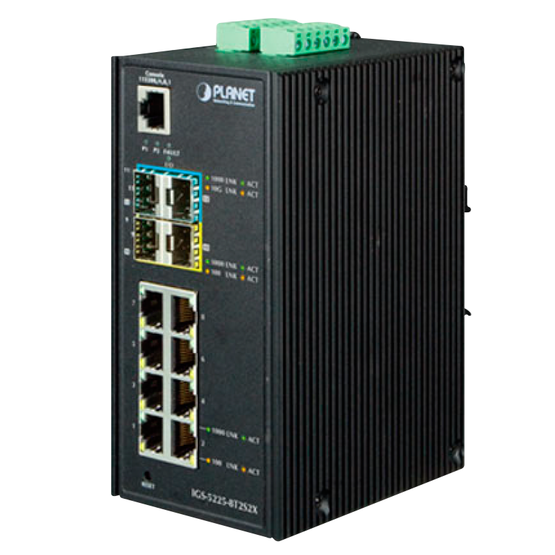 Switch Gestionable Industrial PLANET™ de 8 Puertos + 2 100/1000X SFP + 2 10G SFP+ - L2+ (con Enrutado Estático L3)//PLANET™  Industrial 8-Port + 2-Port 100/1000X SFP + 2-Port 10G SFP+ Managed Ethernet Switch - L2+ with L3 Static Routing