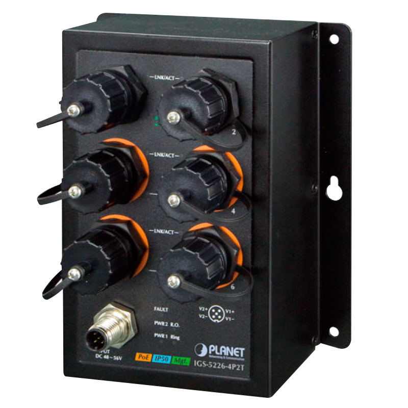 Switch Industrial Gestionable PLANET™ EN50155 de 4 Puertos 802.3at PoE+ + 2 Puertos 10/100/1000T - Capa 2+ - Carril DIN (144W)//PLANET™ Industrial EN50155 4-Port 10/100/1000T 802.3at PoE + 2-Port 10/100/1000T Managed Switch (Din Rail) - L2+ (144W)