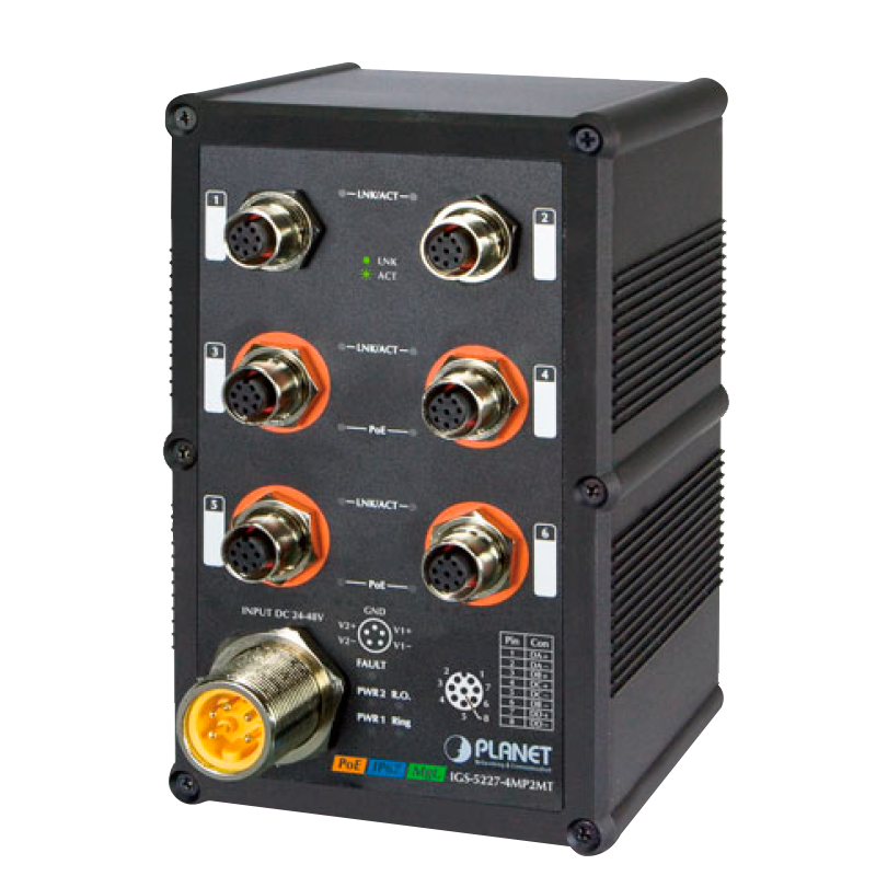 Switch Industrial Gestionable PLANET™ IP67 de 4 Puertos 802.3at PoE+ 2 Puertos  10/100/1000T - Capa 2+ - Carril Din (144W)//PLANET™ Industrial IP67 4-Port 10/100/1000T 802.3at PoE + 2-Port 10/100/1000T Managed Switch (Din Rail) - L2+ (144W)
