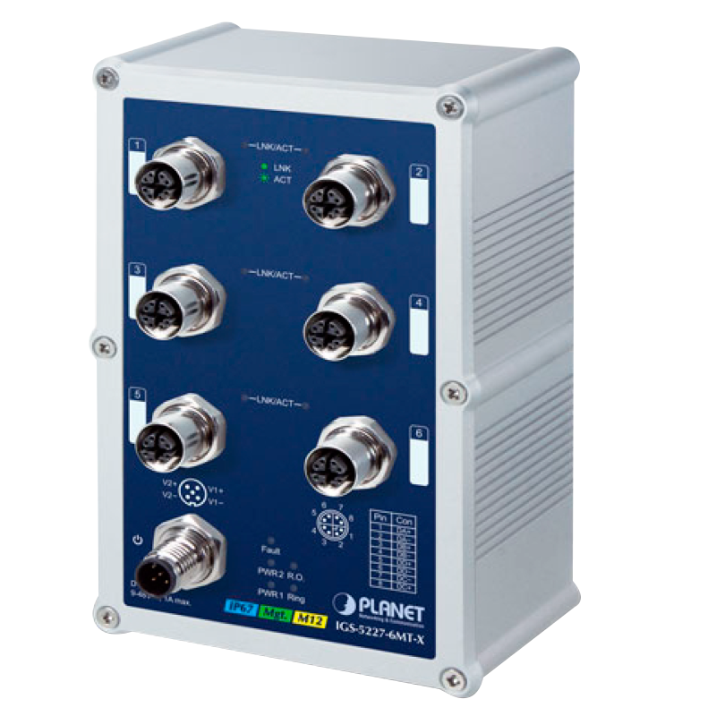 Switch Gestionable Industrial PLANET™ IP67 de 6 puertos 10/100/1000T M12 - L2+ (con Enrutado Estático L3)//PLANET™  Industrial IP67 6-Port 10/100/1000T M12 Managed Switch - L2+ (L3 Static Routing)