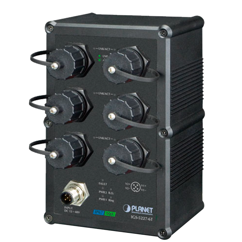 Switch Gestionable Industrial PLANET™ IP67 de 6 puertos 10/100/1000T - L2+ (con Enrutado Estático L3)//PLANET™ Industrial IP67 6-Port 10/100/1000T Managed Switch - L2+ (L3 Static Routing)