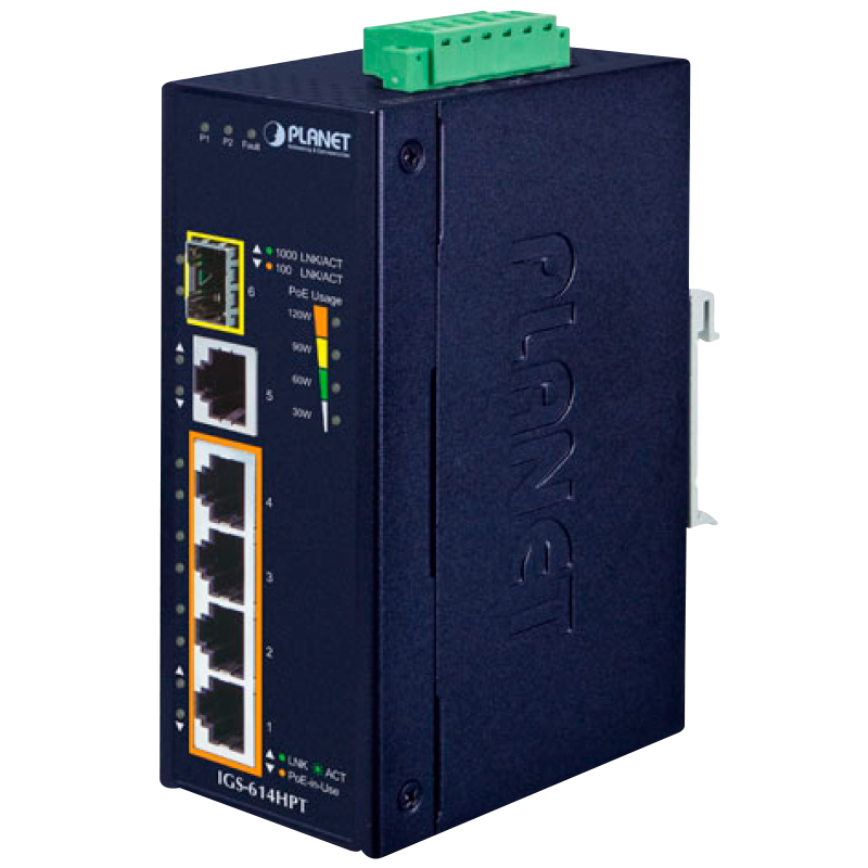 Switch Gigabit Ethernet Industrial PLANET™ de 4 Puertos PoE+ & + 1 Puerto RJ45 + 1 SFP (120W)//PLANET™ Industrial 4-Port PoE+ & + 1-Port + 1-Port SFP Gigabit Ethernet Switch