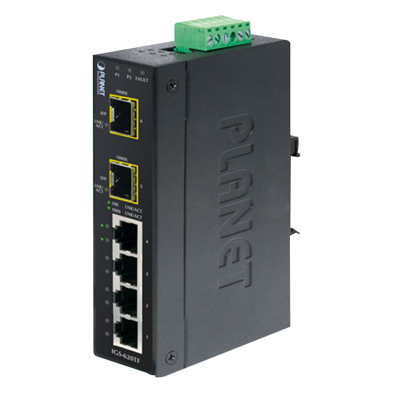 Switch Gigabit Industrial PLANET™ de 4 Puertos (+2 SPF) - Carril DIN (Capa 2)//PLANET™ Industrial 4-Port 10/100/1000T + 2-Port 100/1000X SFP Ethernet Switch - DIN Rail (L2)