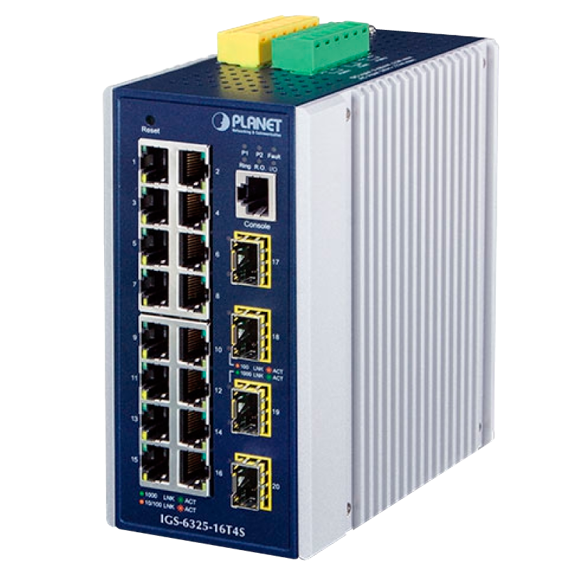 Switch Gestionable Industrial PLANET™ de 16 Puertos (+4 SFP) Carril DIN - Capa 3//PLANET™ Industrial L3 16-Port 10/100/1000T + 4-Port 100/1000X SFP Managed Ethernet Switch - DIN Rail