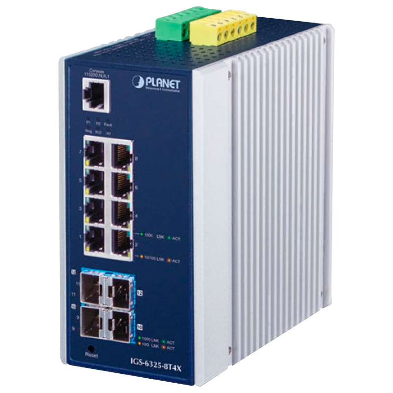 Switch Gestionable Industrial PLANET™ de 8 Puertos (+4 SFP+ 10G) Carril DIN - Capa 3//PLANET™ Industrial L3 8-Port 10/100/1000T + 4-Port 10G SFP+ Managed Ethernet Switch