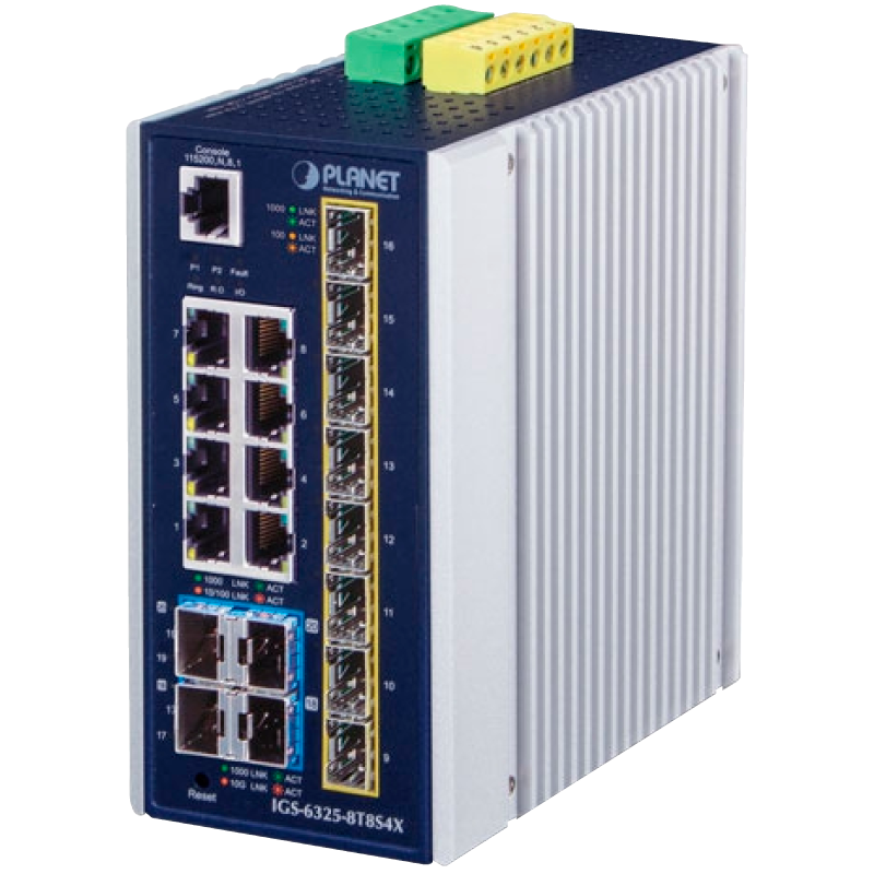 Switch Gestionable Industrial PLANET™ de 8 Puertos (+8 1G/2.5G SFP, +4 SFP+ 10G) Carril DIN - Capa 3//PLANET™ Industrial L3 8-Port 10/100/1000T + 8-Port 1G/2.5G SFP + 4-Port 10G SFP+ Managed Ethernet Switch