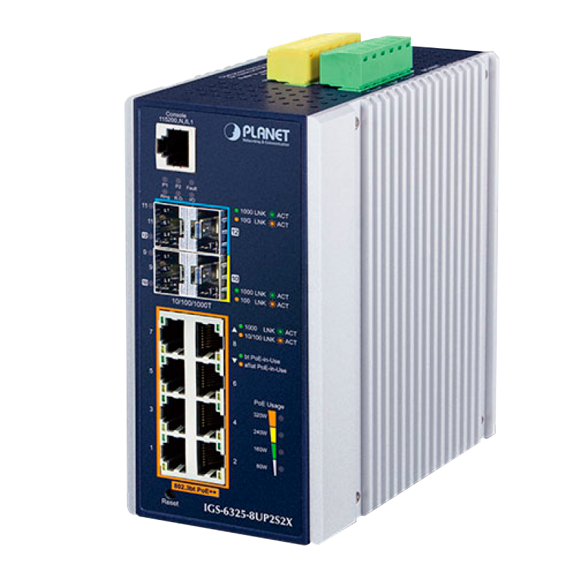 Switch Industrial Gestionable PLANET™ de 8 Puertos 802.3bt PoE (+2 SFP) Carril DIN - L3 (360W)//PLANET™ Industrial 8-Port 10/100/1000T 802.3bt PoE (+2 SFP & 2 10G SFP+) Managed Switch (Din Rail) - L3 (360W)
