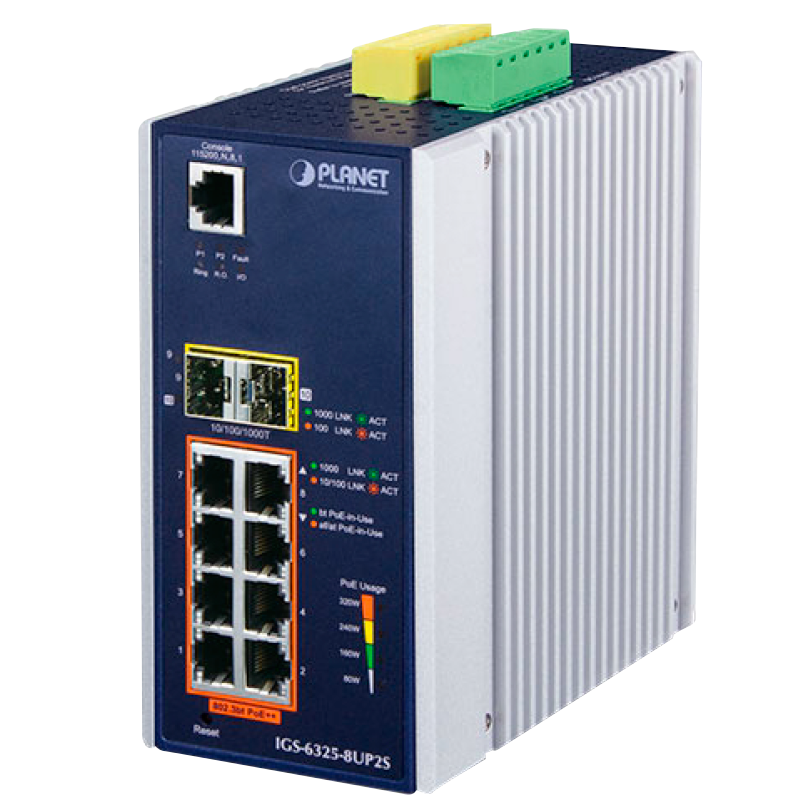Switch Industrial Gestionable PLANET™ de 8 Puertos 802.3bt PoE (+2 SFP) Carril DIN - L3 (360W)//PLANET™ Industrial 8-Port 10/100/1000T 802.3bt PoE (+2 SFP) Managed Switch (Din Rail) - L3 (360W)