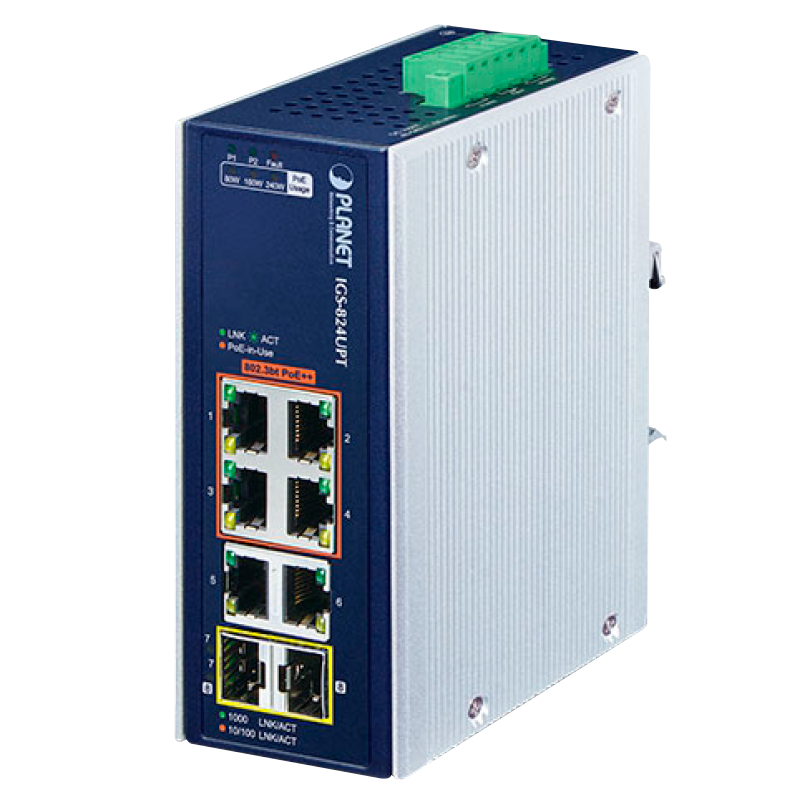 Switch Industrial Gigabit Ethernet PLANET™ de 4 Puertos 802.3bt PoE+ 2 Puertos 10/100/1000T + (+2 SPF) Capa 2 - Carril DIN (240W)//PLANET™ Industrial 4-Port 10/100/1000T 802.3bt PoE + 2-Port 10/100/1000T + 2-Port 100/1000X SFP Gigabit Ethernet Switch (Din Rail) - L2 (240W)