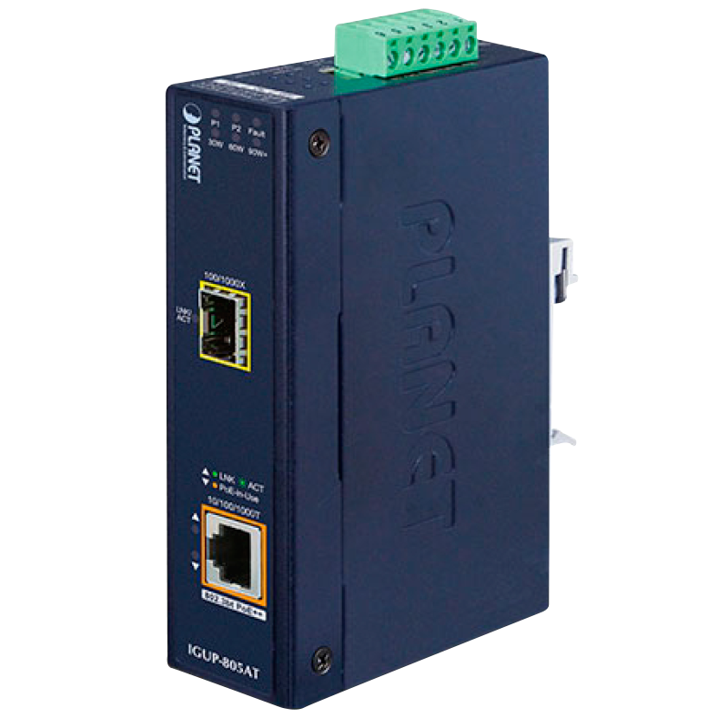 Conversor de Medios Industrial PLANET™ de 1 puerto 100/1000X SFP a 1 puerto 10/100/1000T 802.3bt PoE++ (Carril Din) - Capa 2 (95W)//PLANET™ Industrial 1-Port 100/1000X SFP to 1-Port 10/100/1000T 802.3bt PoE++ Media Converter (Din Rail) - L2 (95W)