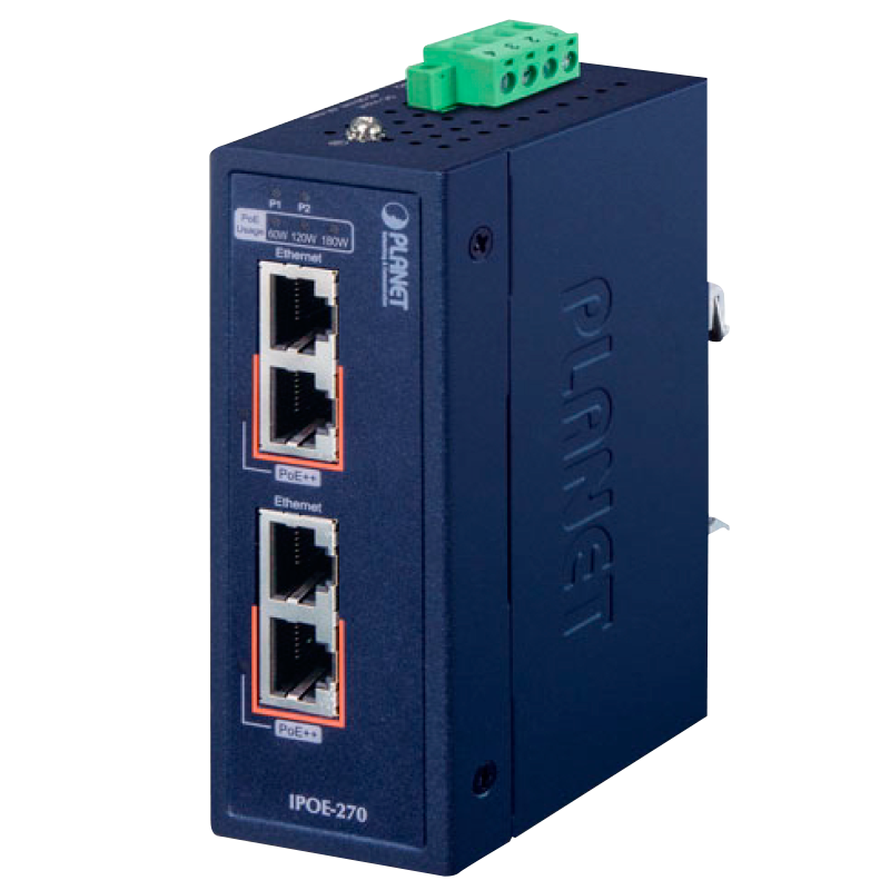 Concentrador de Inyector Industrial PoE++ Multi-Gigabit 802.3bt de 2 puertos (Carril DIN) - (180W)//PLANET™ Industrial 2-port Multi-Gigabit 802.3bt PoE++ Injector Hub (Din Rail) - (180W)