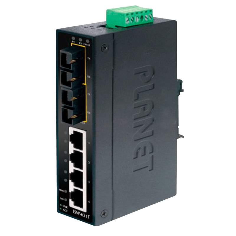 Switch Industrial PLANET™ de 4 Puertos  (+2 SC MultiModo) - Carril DIN//PLANET™ 4-Port 10/100Base-TX + 2-Port 100Base-FX Industrial Ethernet Switch with Wide Operating Temperature - DIN Rail