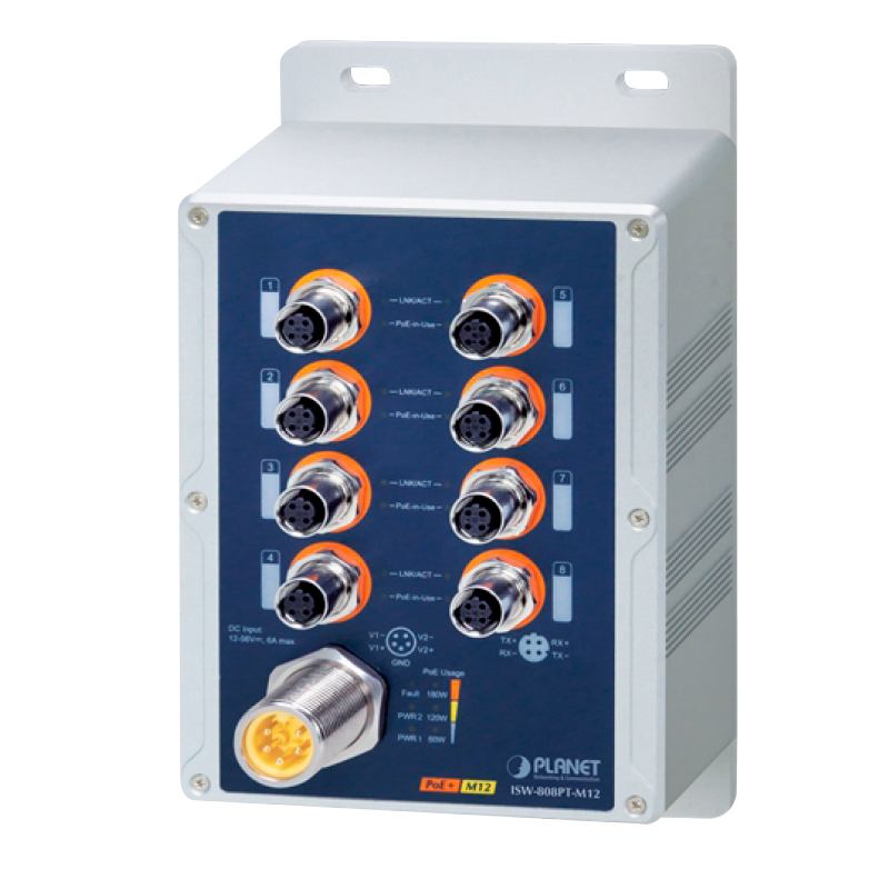 Switch Industrial PLANET™ IP67 de 8 Puertos M12 802.3at PoE+ - Capa 2 - Carril DIN (180W)//PLANET™ Industrial IP67 8-Port 10/100TX M12 802.3at PoE+ Switch (Din Rail) - L2 (180W)