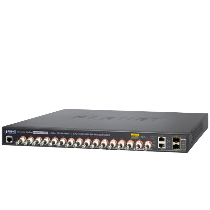 Switch/Extensor Gigabit PoE PLANET™ de Largo Alcance de 2 Puertos (+2 SFP) con 16-BNC - Capa 2//16-port Coax + 2-port 10/100/1000T + 2-port 100/1000X SFP Long Reach PoE over Coaxial Managed Switch - L2