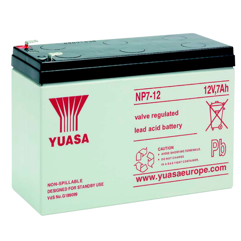 Batería YUASA™ 12 VDC 7Ah con Terminales Faston//YUASA™ Battery 12 VDC 7Ah with FastonTerminal Strip