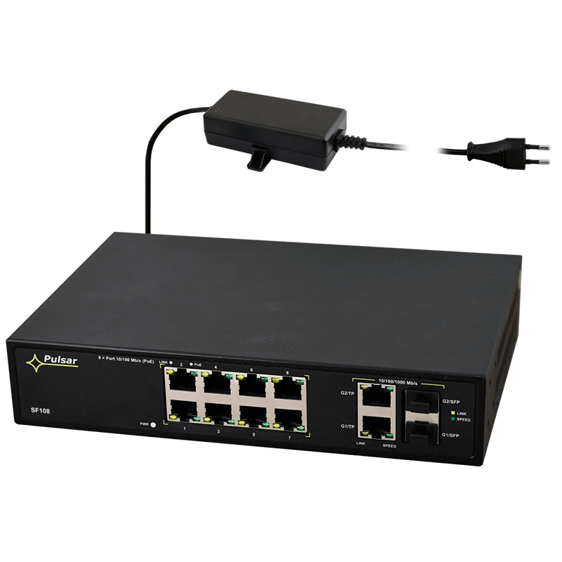 Switch Gigabit PoE+ PULSAR® de 8 Puertos (+2 TP/SFP) para 8 Cámaras IP - 60W//PULSAR® 8-Port (+2 TP/SFP) PoE+ Gigabit Switch for 8 IP Cameras - 60W
