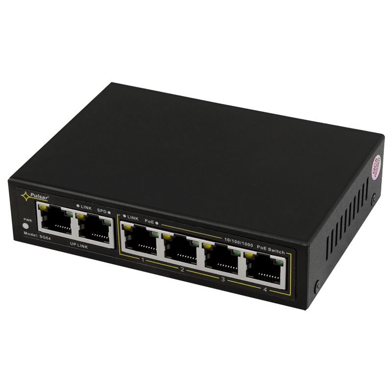 Switch Gigabit PoE+ PULSAR® de 4 Puertos (+2 Uplink) para 4 Cámaras IP - 60W//PULSAR® 4-Port (+2 Uplink) PoE+ Gigabit Switch for 4 IP Cameras - 60W