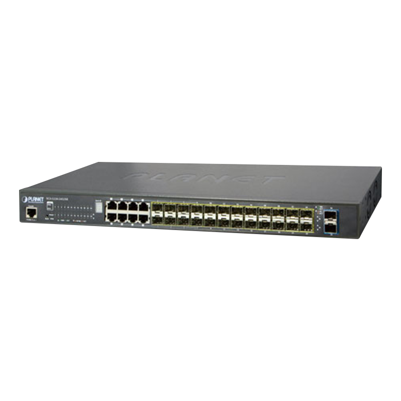 Switch Gestionable Apilable PLANET™ de 24 Puertos SFP con 8 TP Compartidos + 2-10G SFP+ - L2+ (con Enrutado Estático L3)//PLANET™ 24-Port SFP with 8-Port Shared TP + 2-Port 10G SFP+ Managed Stackable Switch - L2+ (L3 Static Routing)