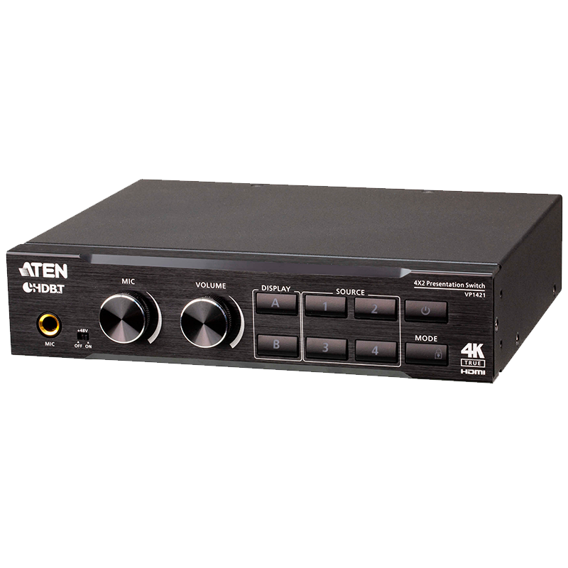 Switch de Presentación ATEN™ True 4K 4 x 2 con escalador de vídeo, DSP y HDBaseT-Lite//ATEN™ 4 x 2 True 4K Presentation Matrix Switch with Scaling, DSP, and HDBaseT-Lite