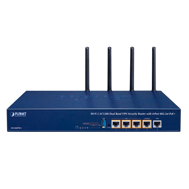 Router de Seguridad VPN PLANET™ de Doble Banda Wi-Fi 5 AC1200 con PoE+ 802.3at de 4 Puertos//PLANET™ Wi-Fi 5 AC1200 Dual Band VPN Security Router with 4-Port 802.3at PoE+