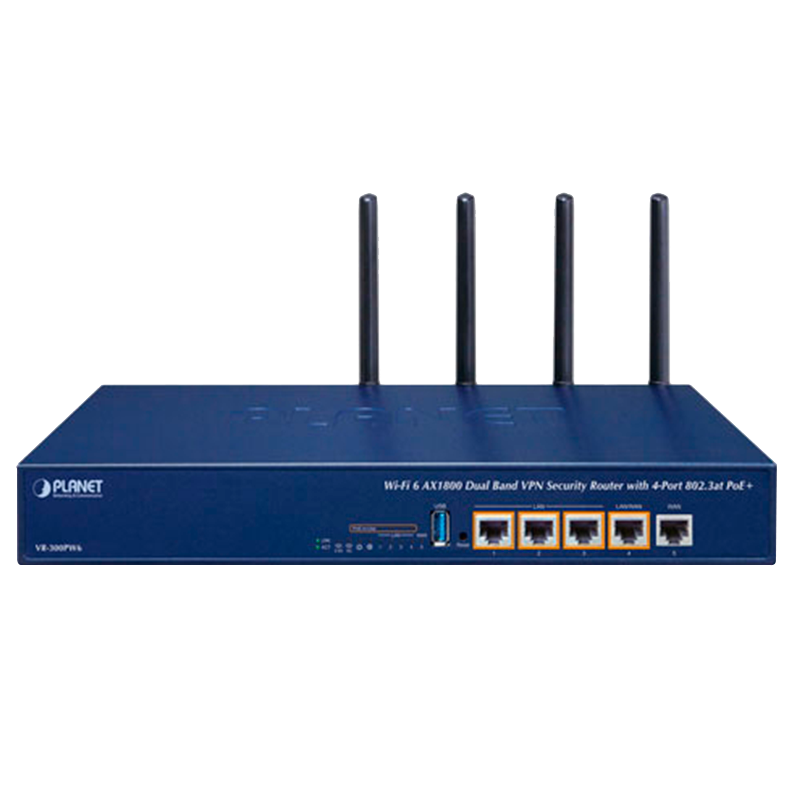 Router de Seguridad VPN PLANET™ Wi-Fi 6 AX2400 de 2,4 GHz/5 GHz con PoE+ 802.3at de 4 Puertos//PLANET™ Wi-Fi 6 AX2400 2.4GHz/5GHz VPN Security Router with 4-Port 802.3at PoE+