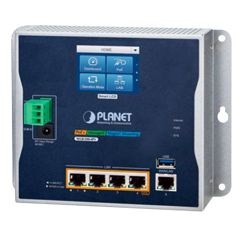 Router Industrial Gigabit PLANET™ de Montaje en Pared con 4 Puertos 802.3at PoE+ y Pantalla Táctil LCD - Capa 2 (120W)//PLANET™ Industrial Wall-Mount Gigabit Router with 4-Port 802.3at PoE+ and LCD Touch Screen - L2 (120W)