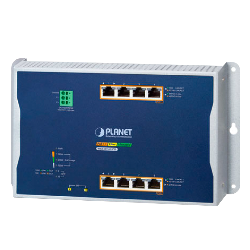 Switch Industrial Gestionable PLANET™ de Montaje en Pared de 4 x 10/100/1000T 802.3bt PoE + 4 x 10/100/1000T 802.3at PoE+ + 2 x 100/1000X SFP - Capa L2+/L2 - Carril Din (360W)//PLANET™ Industrial 4-Port 10/100/1000T 802.3bt PoE + 4-Port 10/100/1000T 802.3at PoE + 2-Port 100/1000X SFP Wall-mount Managed Switch - L2+/L2 (360W)