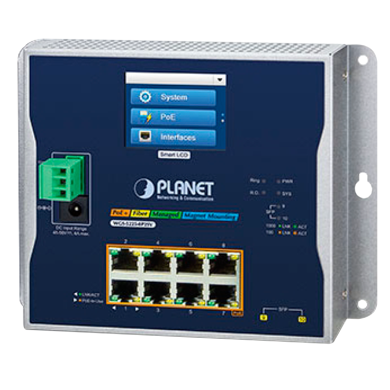 Switch Industrial Gestionable PLANET™ de Montaje en Pared con Pantalla Táctil LCD de 8 Puertos 802.3at PoE+ (+2 1G/2.5G SFP) - Capa 2+/4 - Carril DIN (240W)//PLANET™ Industrial 8-port 10/100/1000T 802.3at PoE + 2-port 1G/2.5G SFP Wall-Mount Managed Switch with LCD Touch Screen (Din Rail) - L2+/L4 (240W)