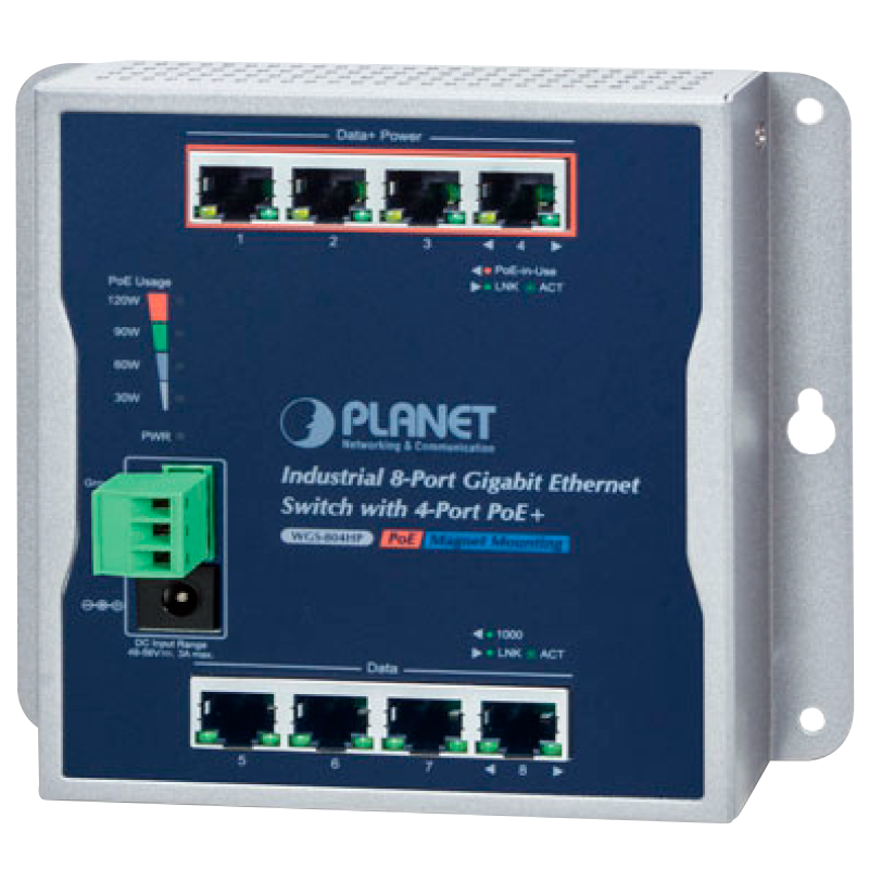 Switch Gigabit Ethernet de Montaje en pared de 8 puertos 10/100/1000T con PoE+ de 4 puertos - Capa 2 - Carril DIN (120W)//PLANET™ 8-Port 10/100/1000T Wall Mounted Gigabit Ethernet Switch with 4-Port PoE+ (Din Rail) - L2 (120W)