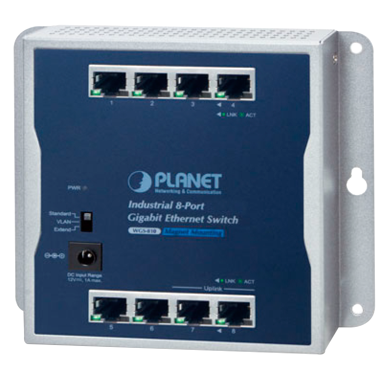Switch Gigabit Ethernet Industrial PLANET™ de Montaje en Pared de 8 puertos 10/100/1000T - Capa 2//PLANET™ Industrial 8-Port 10/100/1000T Wall-Mount Gigabit Ethernet Switch (Din Rail) - L2