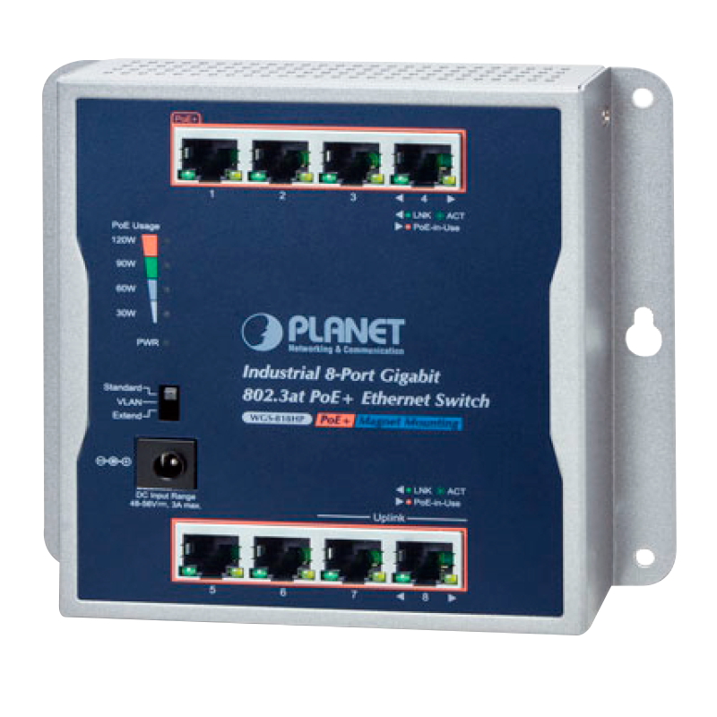Switch Industrial Gigabit PoE+ PLANET™ de 8 puertos 10/100/1000T Montaje en Pared - Capa 2 - Carril Din (120W)//PLANET™ Industrial 8-Port 10/100/1000T Wall-mounted Gigabit PoE+ Switch (Din Rail) - L2 (120W)
