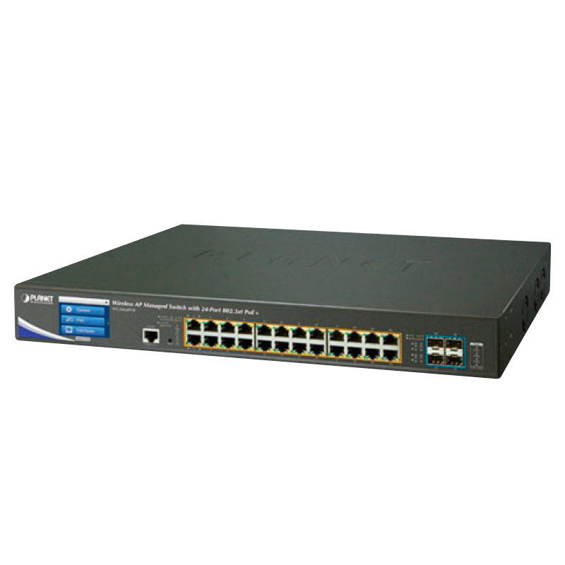 Switch Gestionable AP Inalámbrico PLANET™ con 24 puertos 802.3at PoE+ 4 x 10G SFP++ Pantalla Táctil LCD y Alimentación Redundante de 48 VCC - Capa 2 (400 W)//PLANET™ Wireless AP Managed Switch with 24-Port 802.3at PoE + 4-Port 10G SFP+ + LCD Touch Screen and 48VDC Redundant Power - L2 (400W)